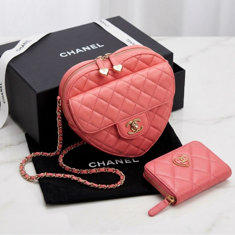 Chanel 2pc Set: Pink Large Heart Purse & Pink Chanel Heart CC Wallet.